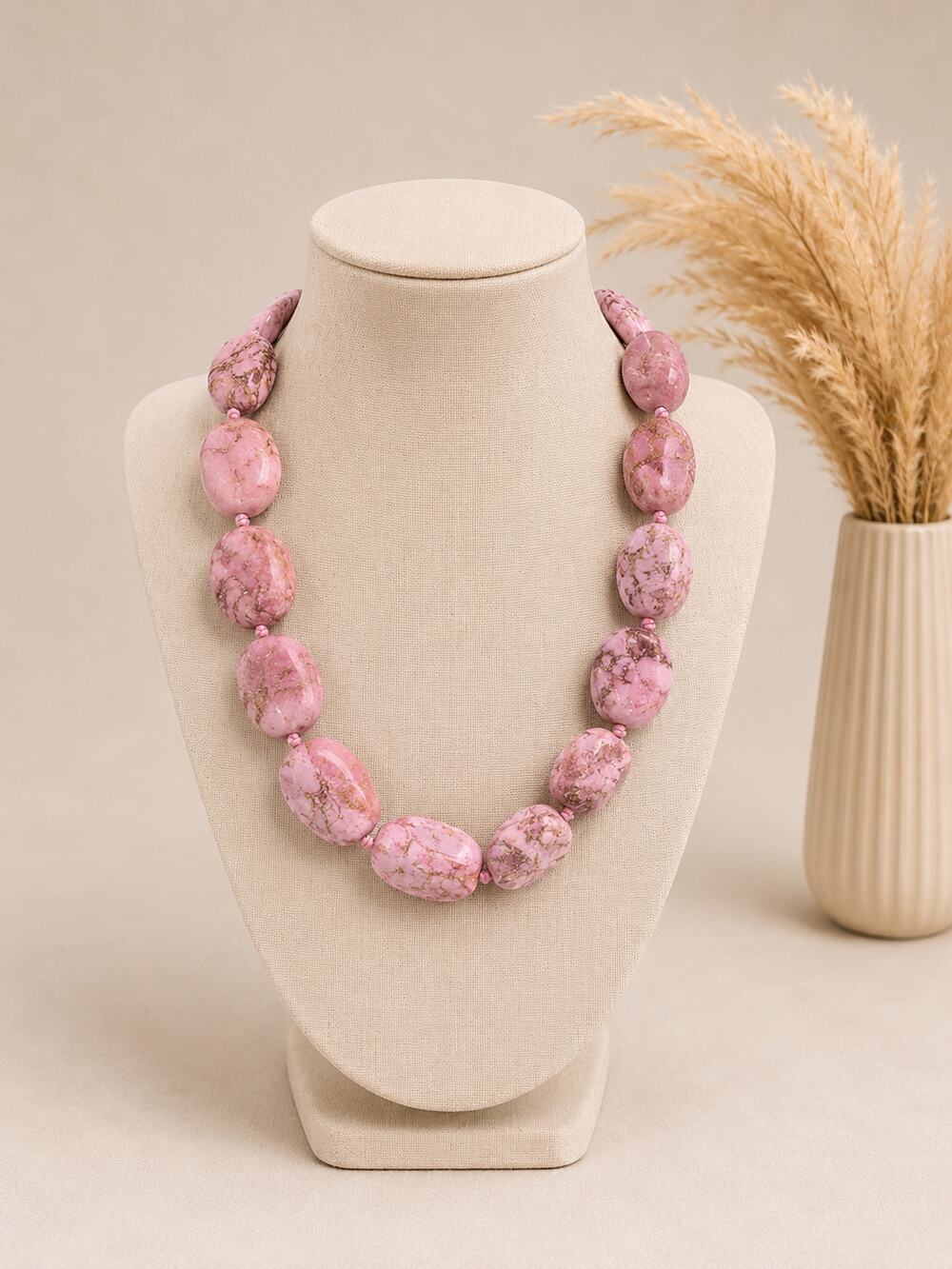 Vintage 16" Pink Magnesite Beaded Necklace Chunky Stone Statement Jewelry